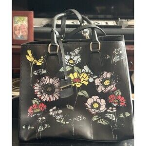 A Bellucci Leather Structured Tote Black Floral Scrollwork Handbag Boho Italy